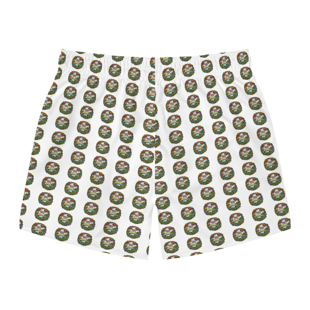 Holiday Wreath Pattern Swim Trunks — All-Over Print Christmas Beach Shorts