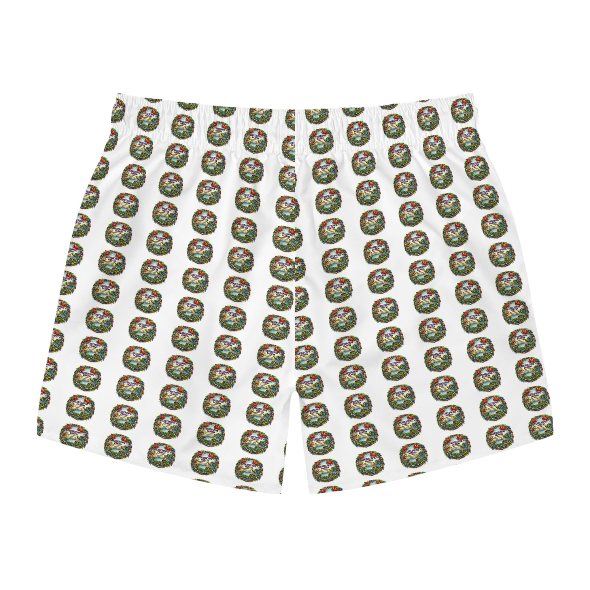 Holiday Wreath Pattern Swim Trunks — All-Over Print Christmas Beach Shorts