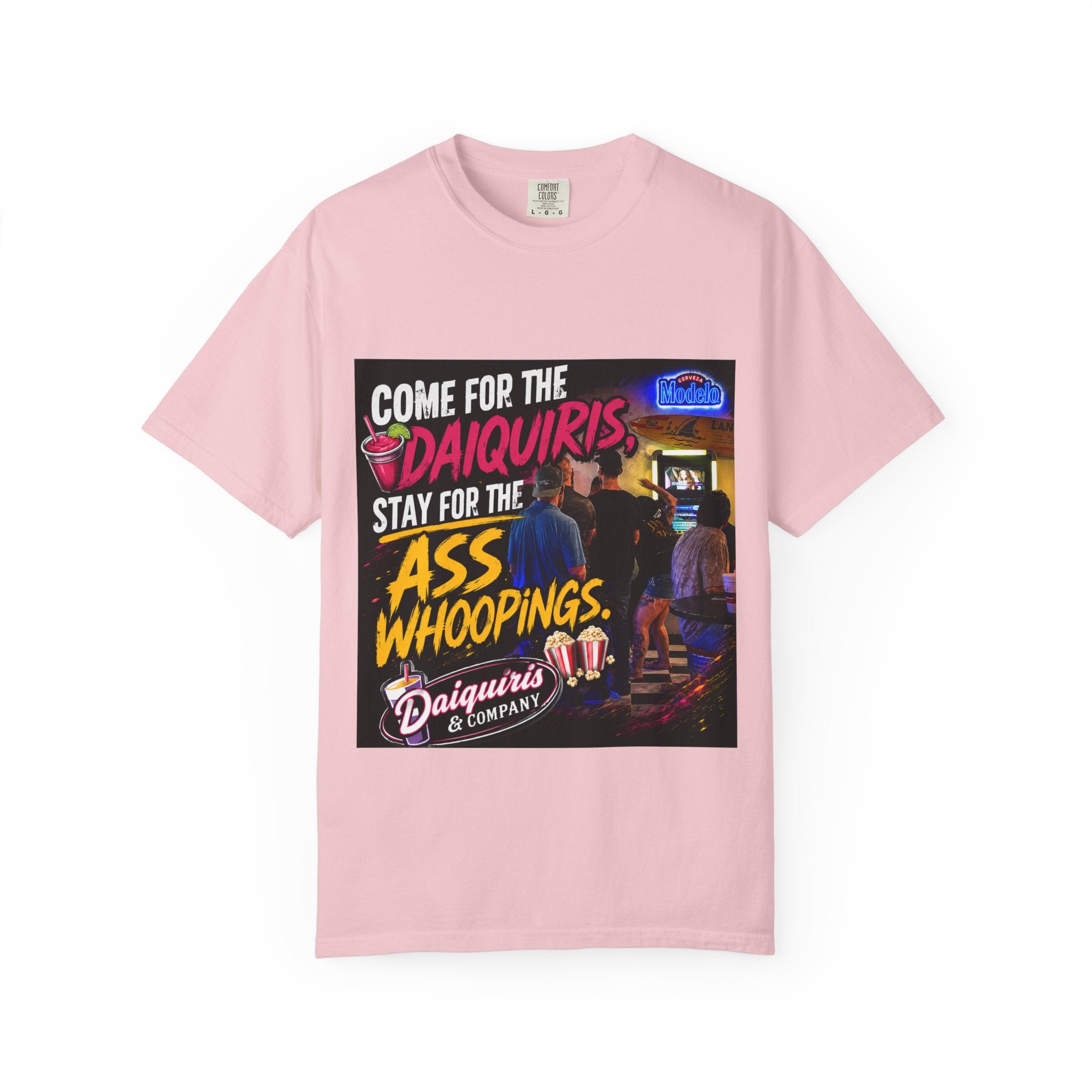 Graphic T-Shirt — "Come for the Daiquiris, Stay for the Ass Whoopings" Vintage Bar Design