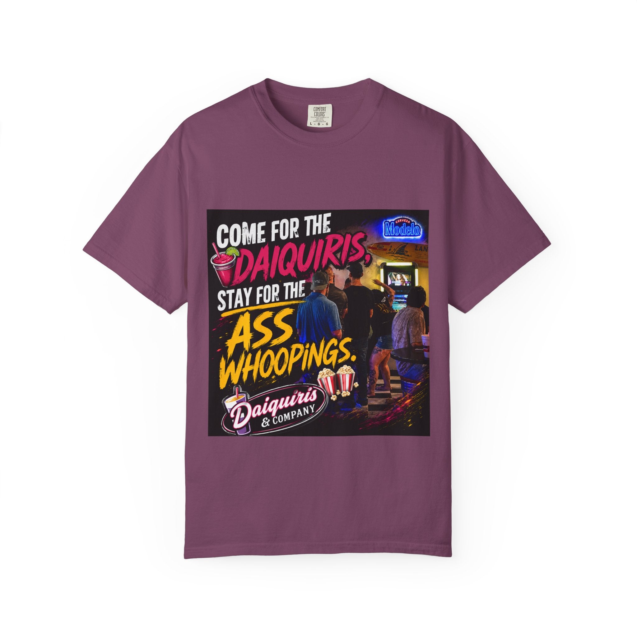 Graphic T-Shirt — "Come for the Daiquiris, Stay for the Ass Whoopings" Vintage Bar Design