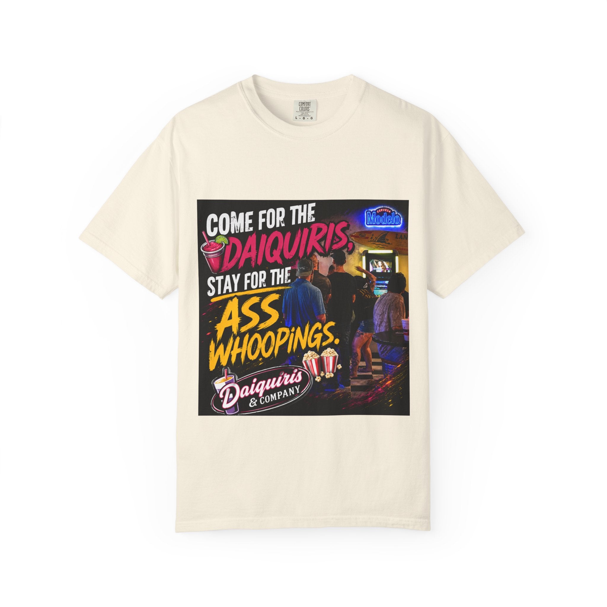 Graphic T-Shirt — "Come for the Daiquiris, Stay for the Ass Whoopings" Vintage Bar Design