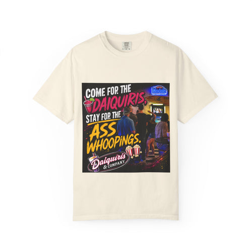 Graphic T-Shirt — "Come for the Daiquiris, Stay for the Ass Whoopings" Vintage Bar Design