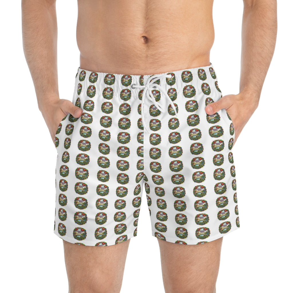 Holiday Wreath Pattern Swim Trunks — All-Over Print Christmas Beach Shorts