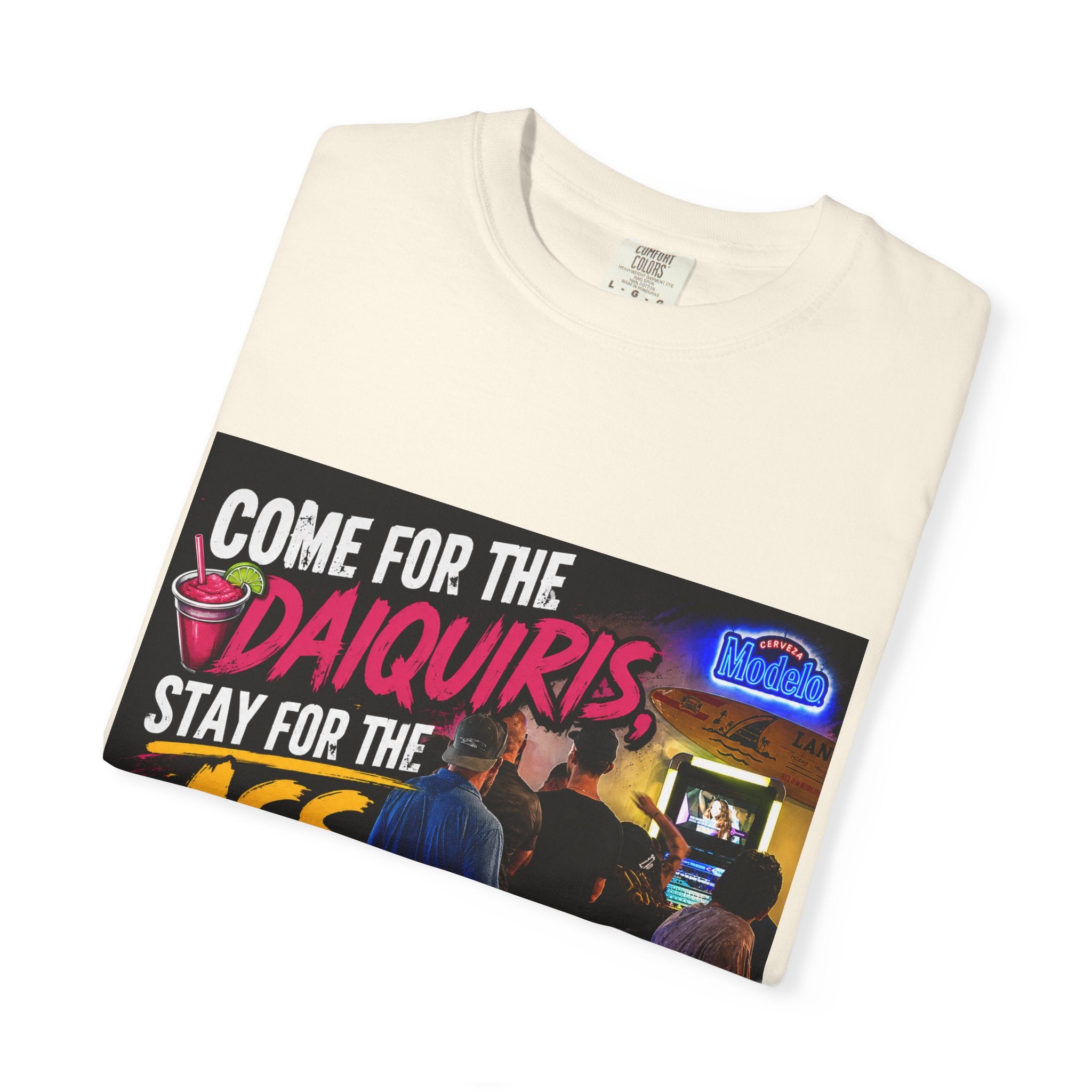 Graphic T-Shirt — "Come for the Daiquiris, Stay for the Ass Whoopings" Vintage Bar Design