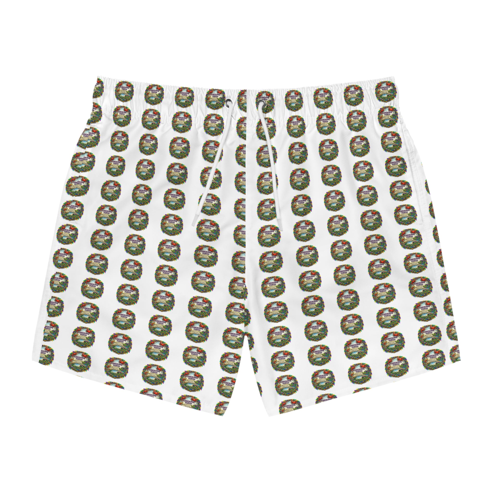 Holiday Wreath Pattern Swim Trunks — All-Over Print Christmas Beach Shorts