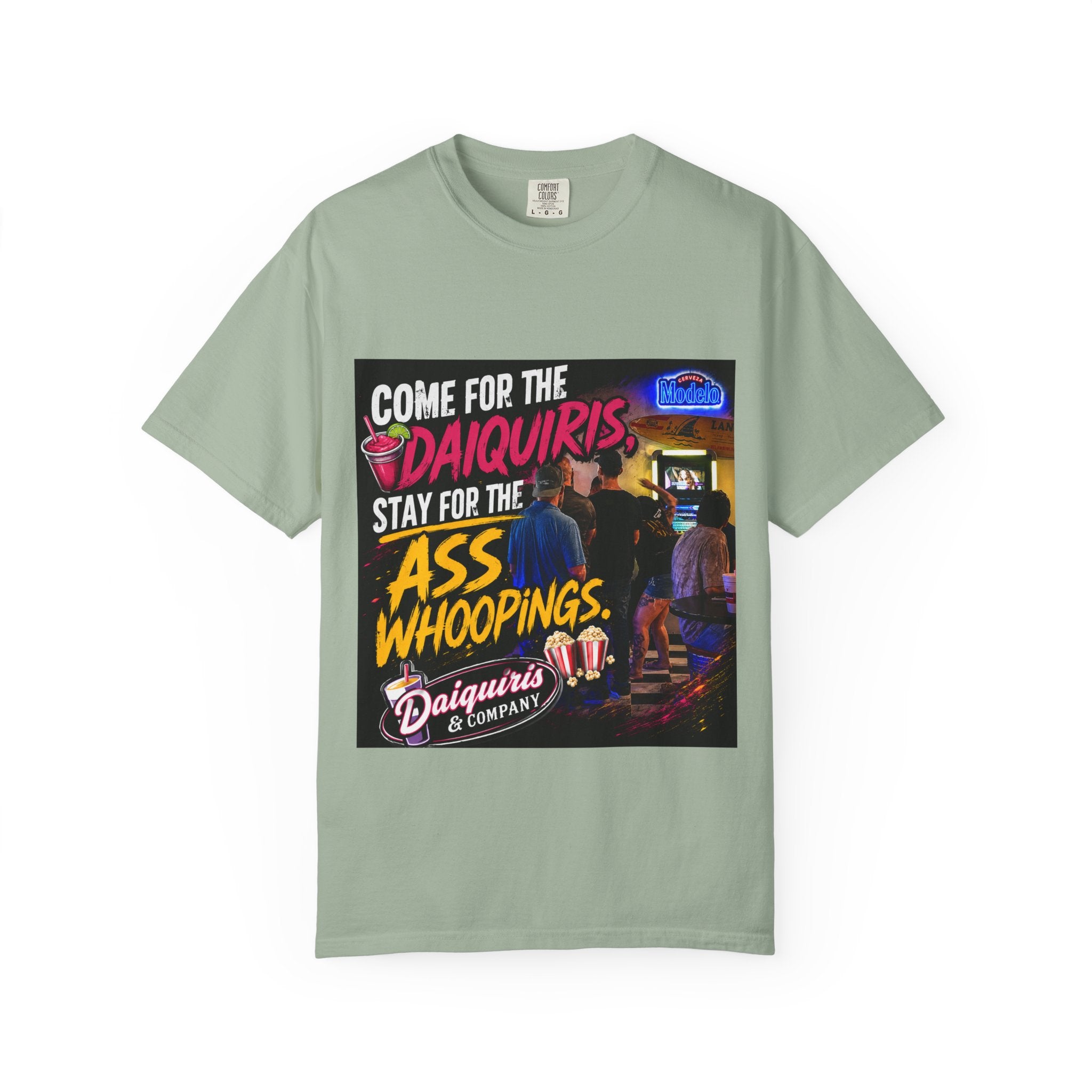Graphic T-Shirt — "Come for the Daiquiris, Stay for the Ass Whoopings" Vintage Bar Design