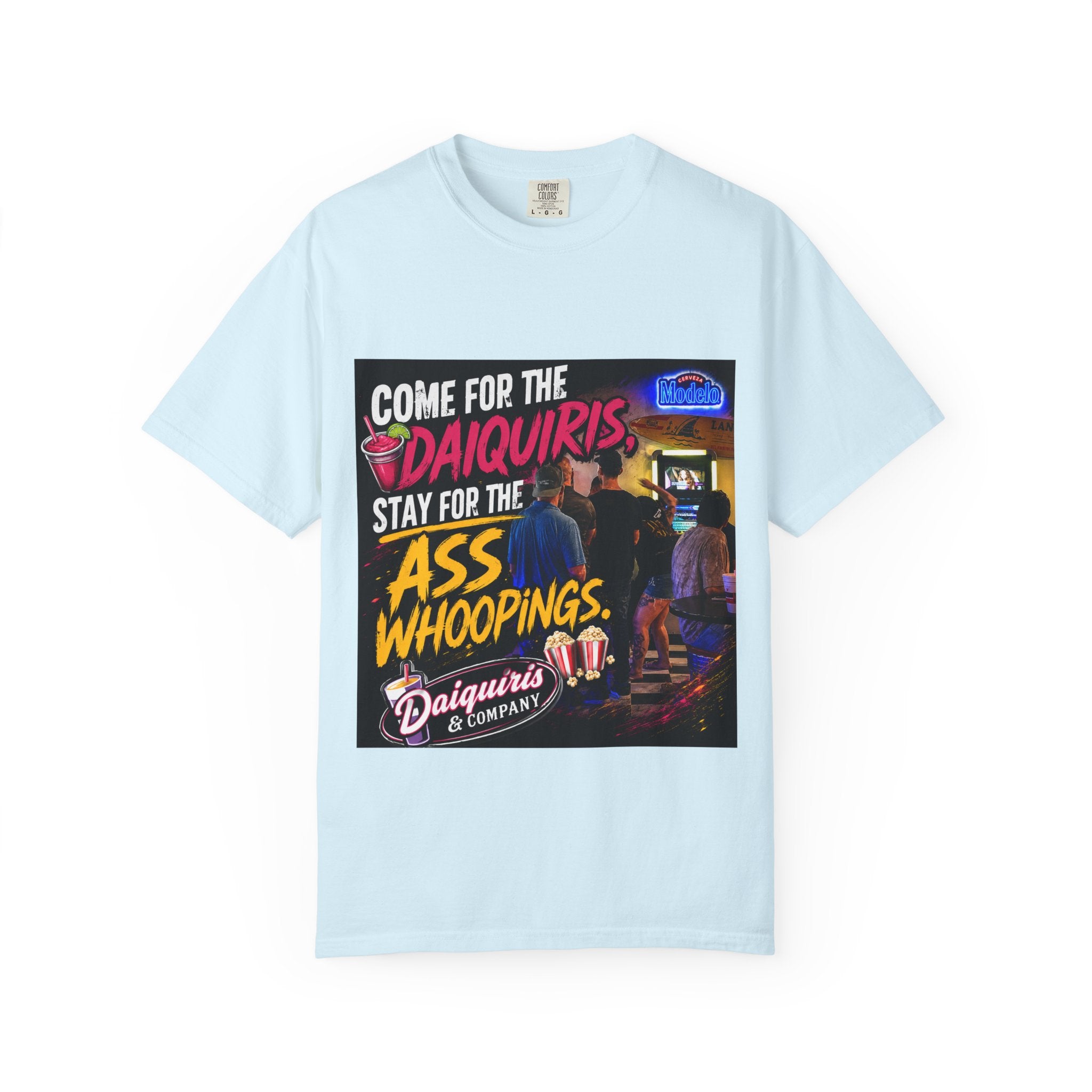 Graphic T-Shirt — "Come for the Daiquiris, Stay for the Ass Whoopings" Vintage Bar Design