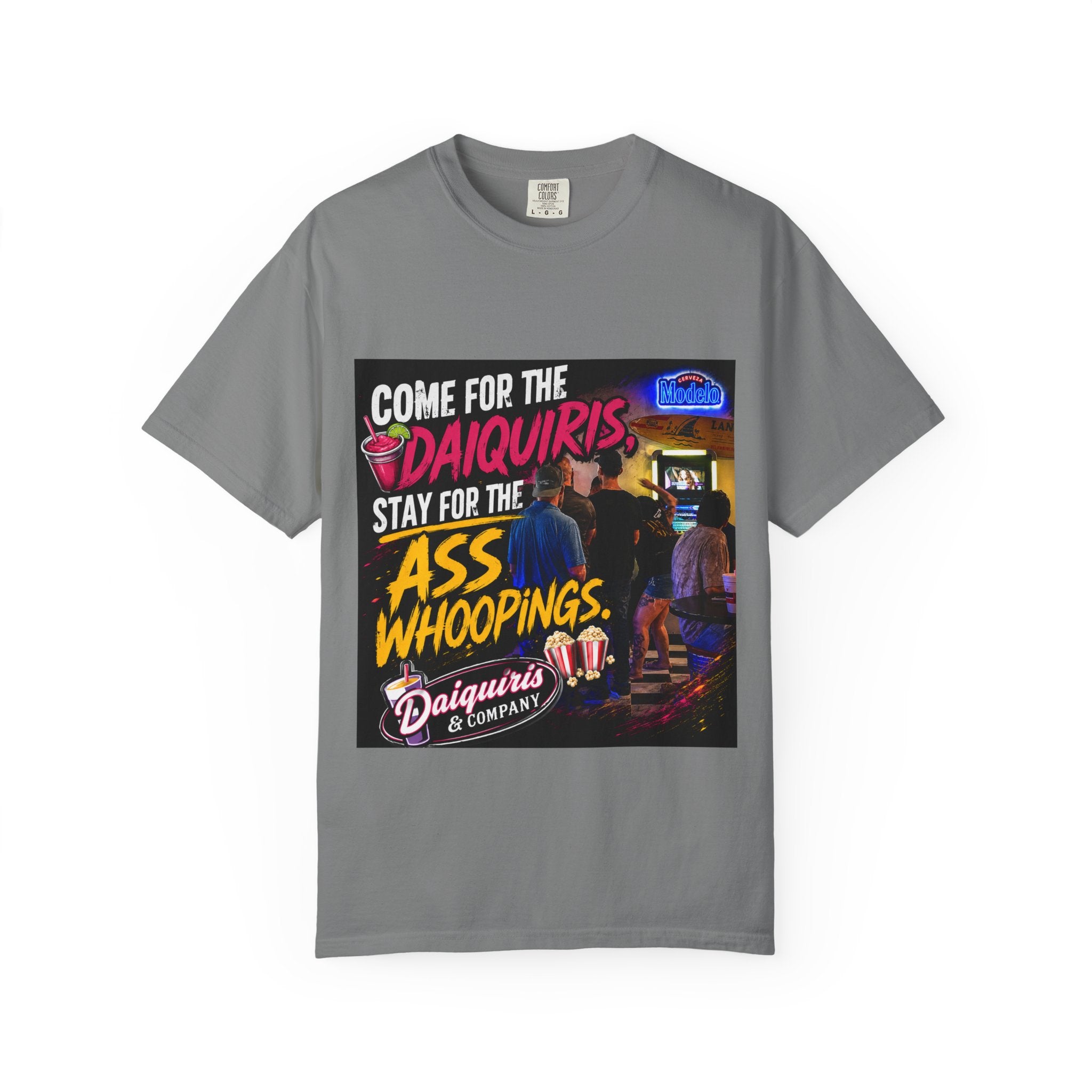 Graphic T-Shirt — "Come for the Daiquiris, Stay for the Ass Whoopings" Vintage Bar Design
