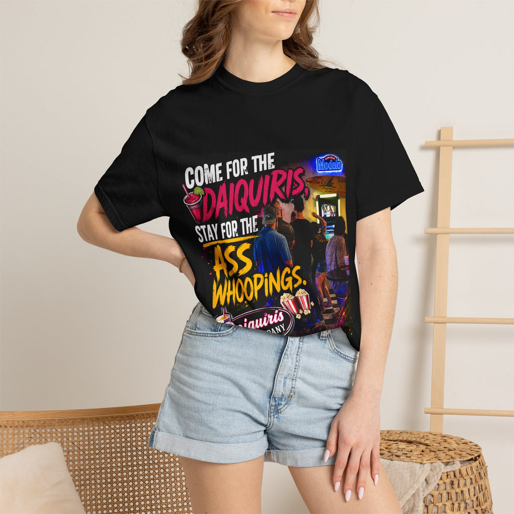 Graphic T-Shirt — "Come for the Daiquiris, Stay for the Ass Whoopings" Vintage Bar Design