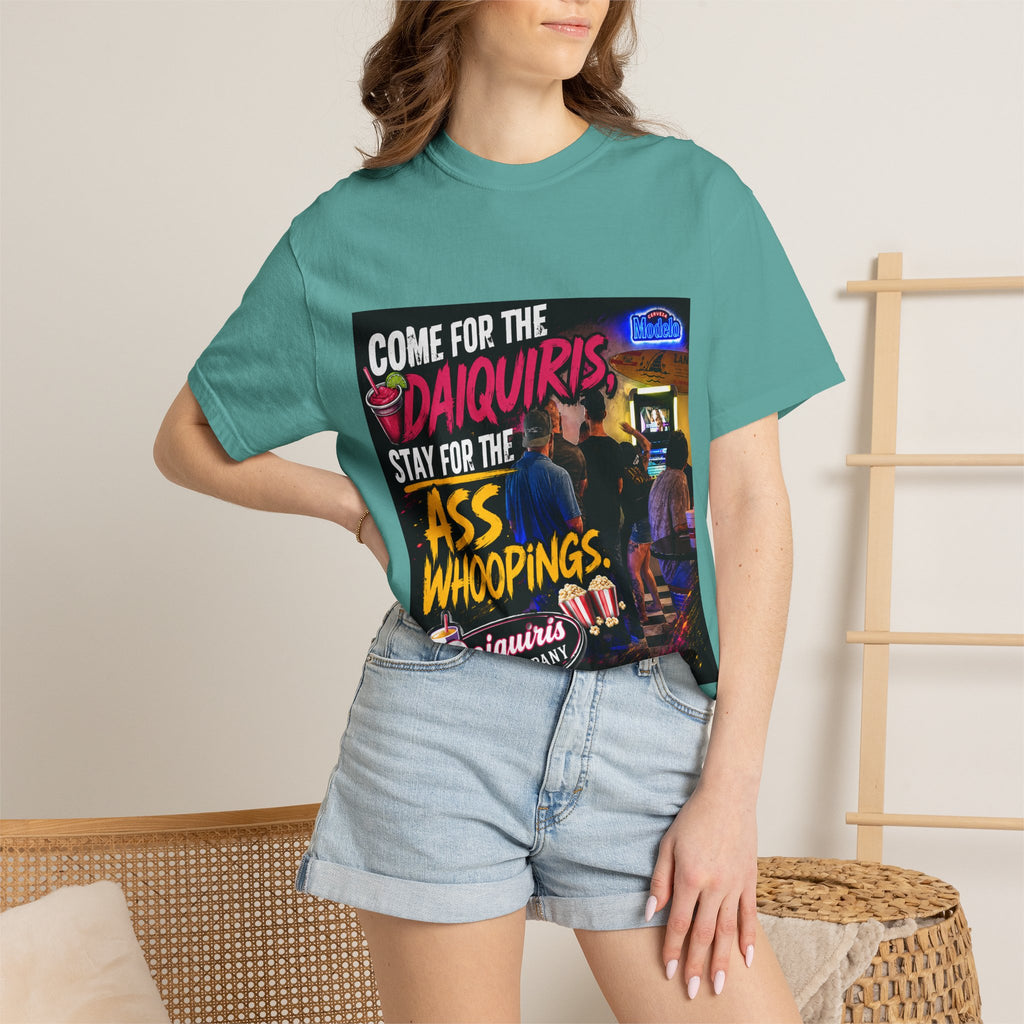 Graphic T-Shirt — "Come for the Daiquiris, Stay for the Ass Whoopings" Vintage Bar Design