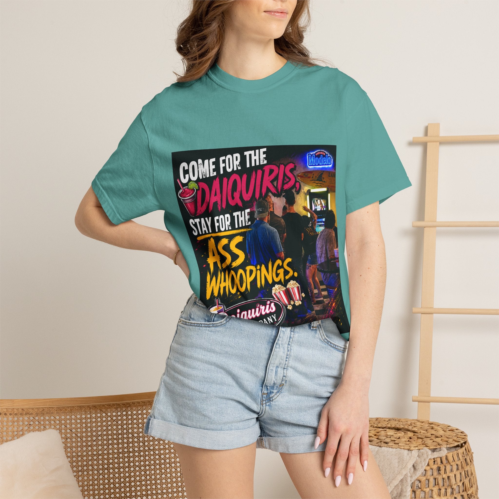 Graphic T-Shirt — "Come for the Daiquiris, Stay for the Ass Whoopings" Vintage Bar Design