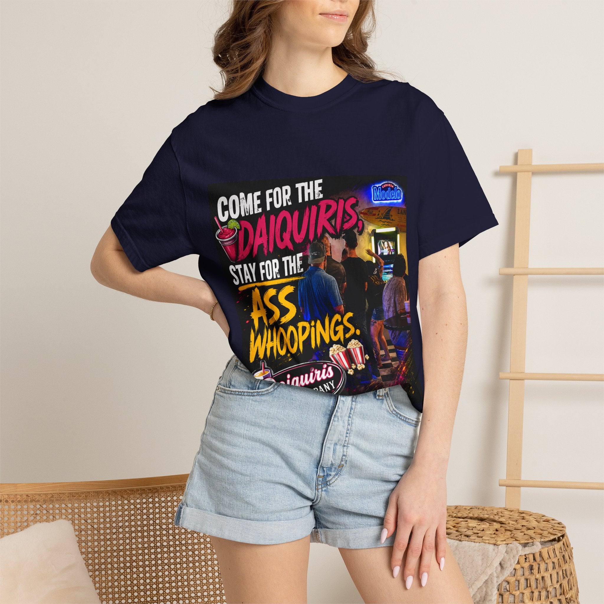 Graphic T-Shirt — "Come for the Daiquiris, Stay for the Ass Whoopings" Vintage Bar Design