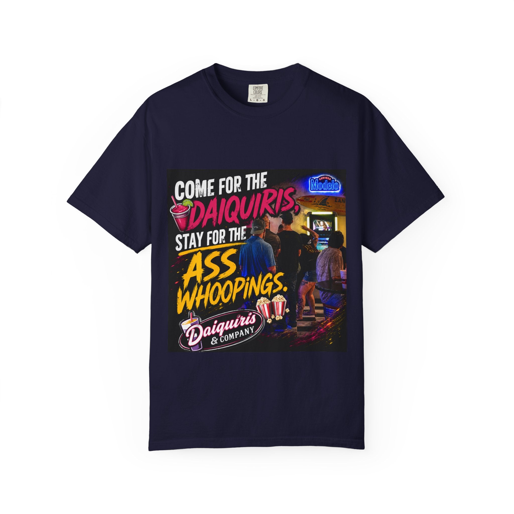 Graphic T-Shirt — "Come for the Daiquiris, Stay for the Ass Whoopings" Vintage Bar Design