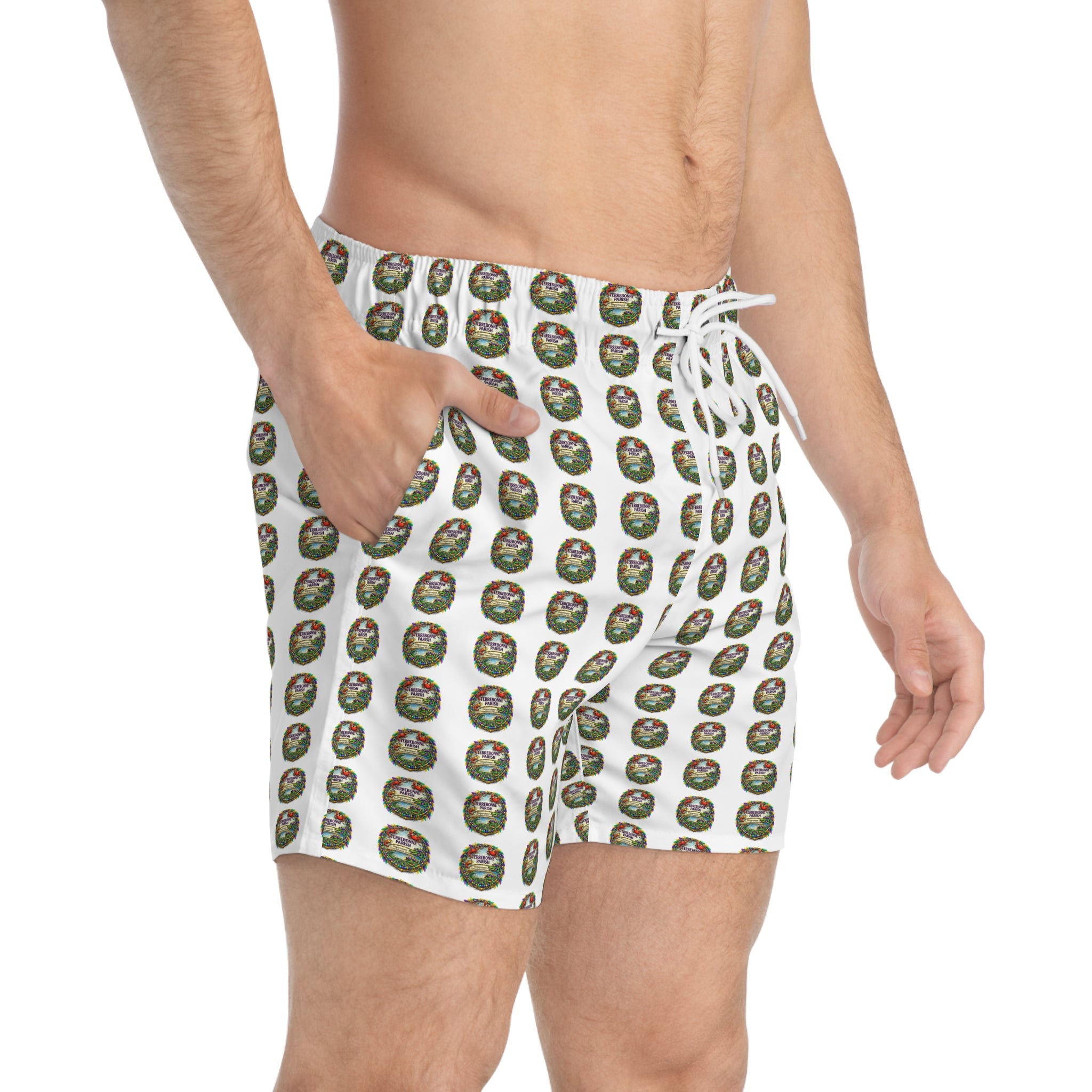 Holiday Wreath Pattern Swim Trunks — All-Over Print Christmas Beach Shorts