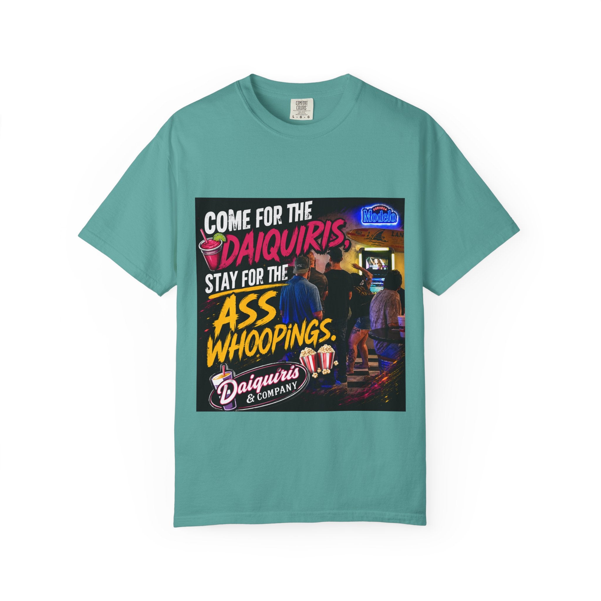 Graphic T-Shirt — "Come for the Daiquiris, Stay for the Ass Whoopings" Vintage Bar Design