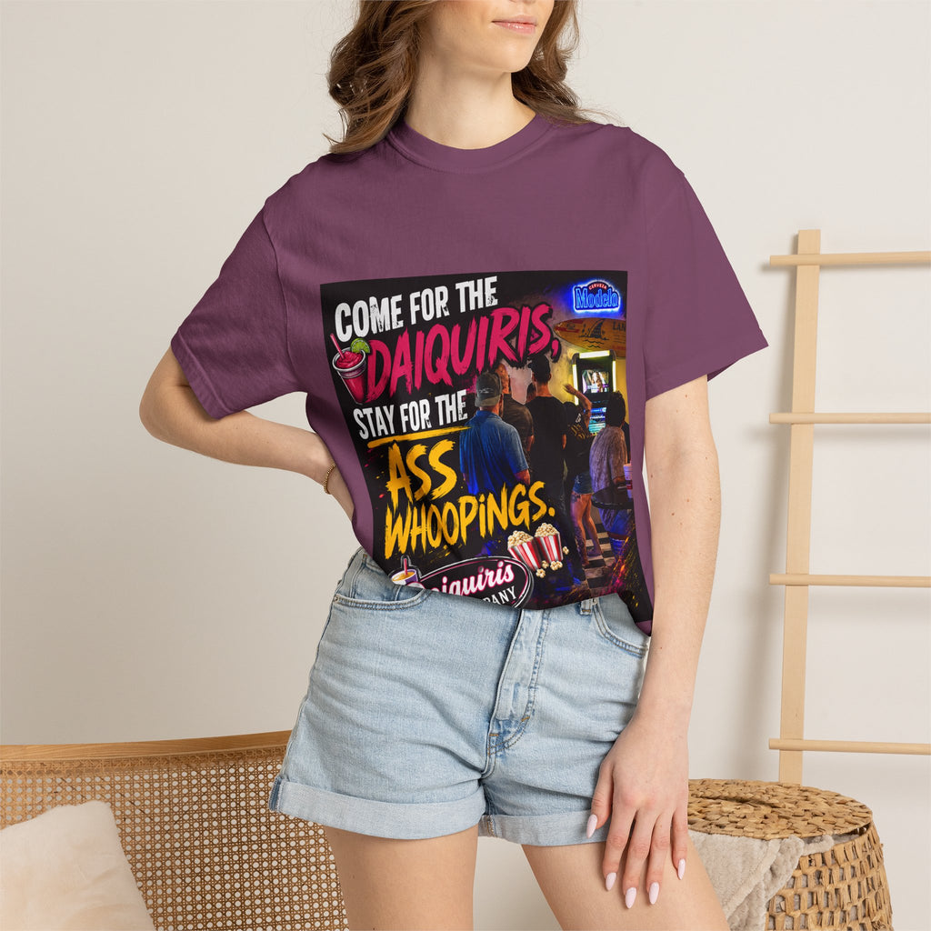 Graphic T-Shirt — "Come for the Daiquiris, Stay for the Ass Whoopings" Vintage Bar Design
