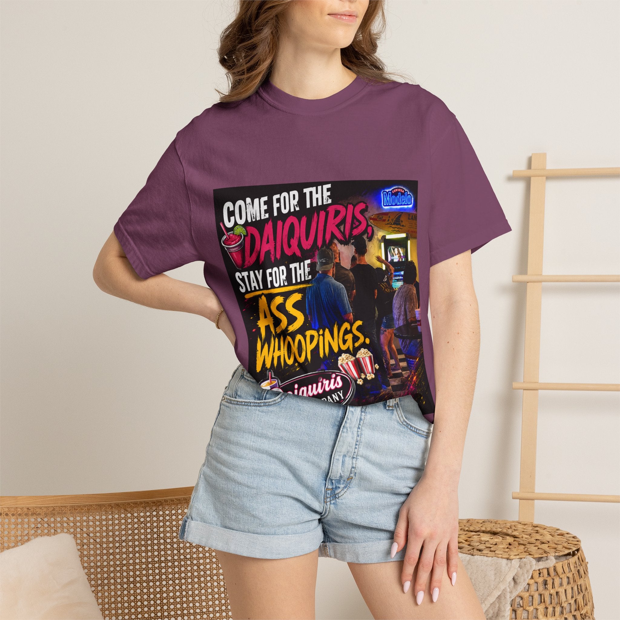 Graphic T-Shirt — "Come for the Daiquiris, Stay for the Ass Whoopings" Vintage Bar Design