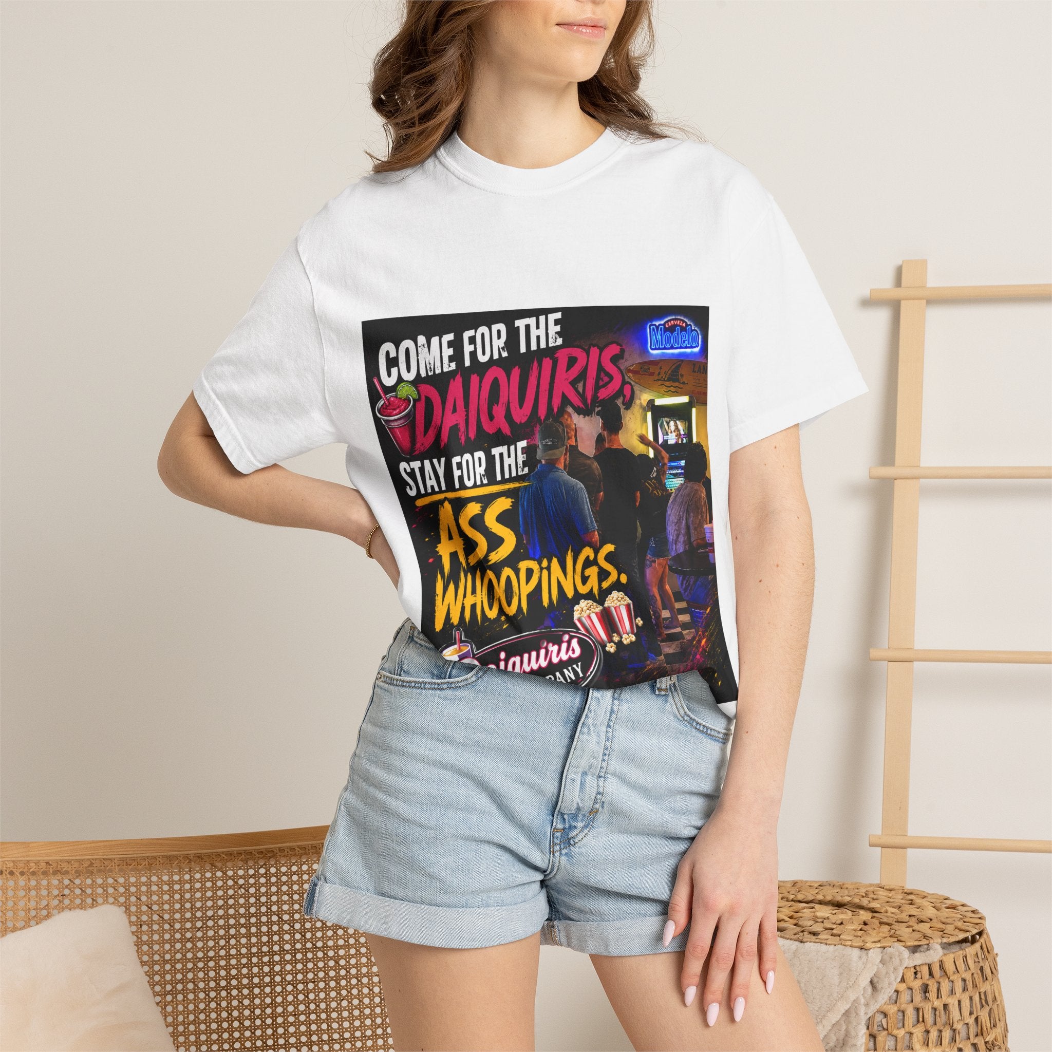 Graphic T-Shirt — "Come for the Daiquiris, Stay for the Ass Whoopings" Vintage Bar Design