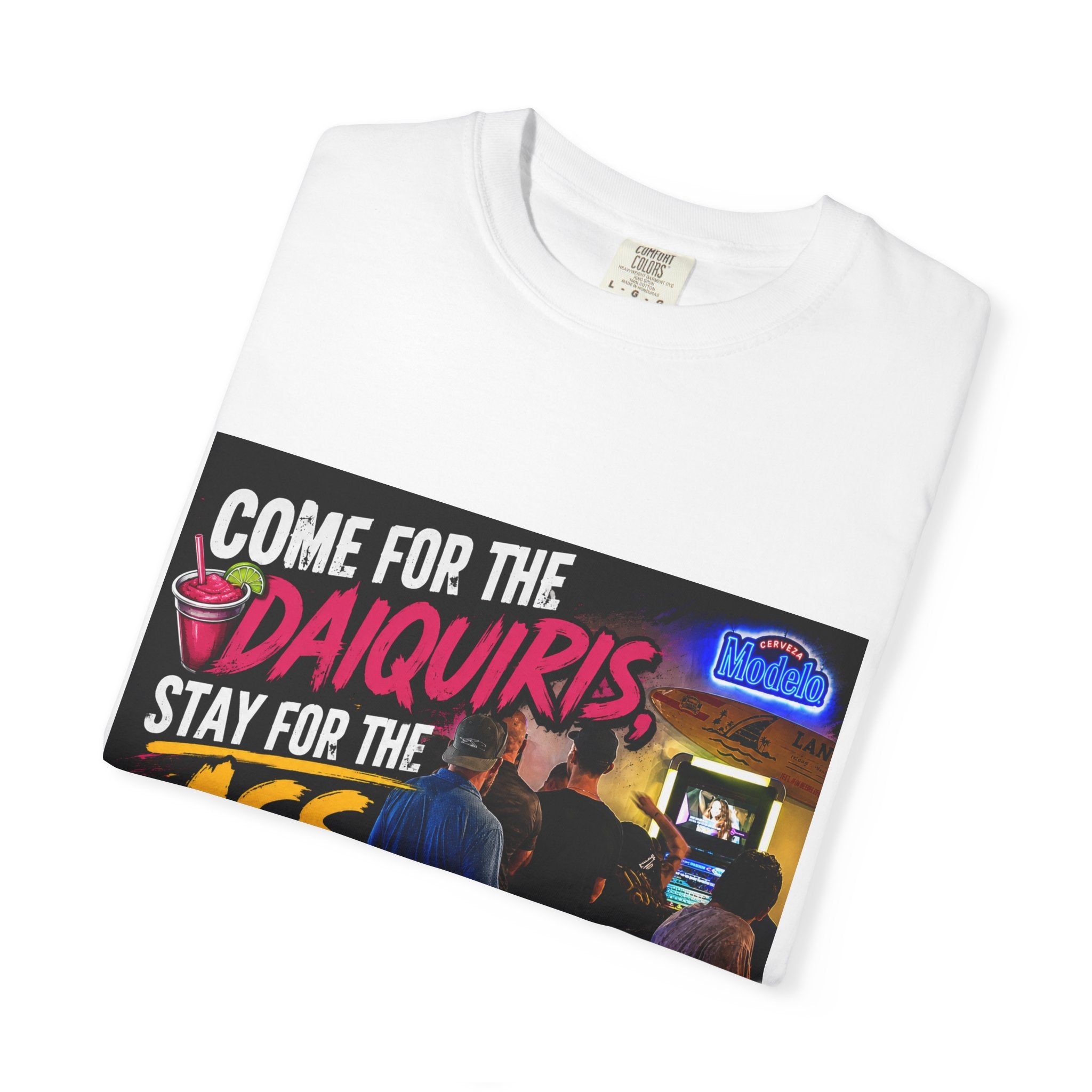 Graphic T-Shirt — "Come for the Daiquiris, Stay for the Ass Whoopings" Vintage Bar Design