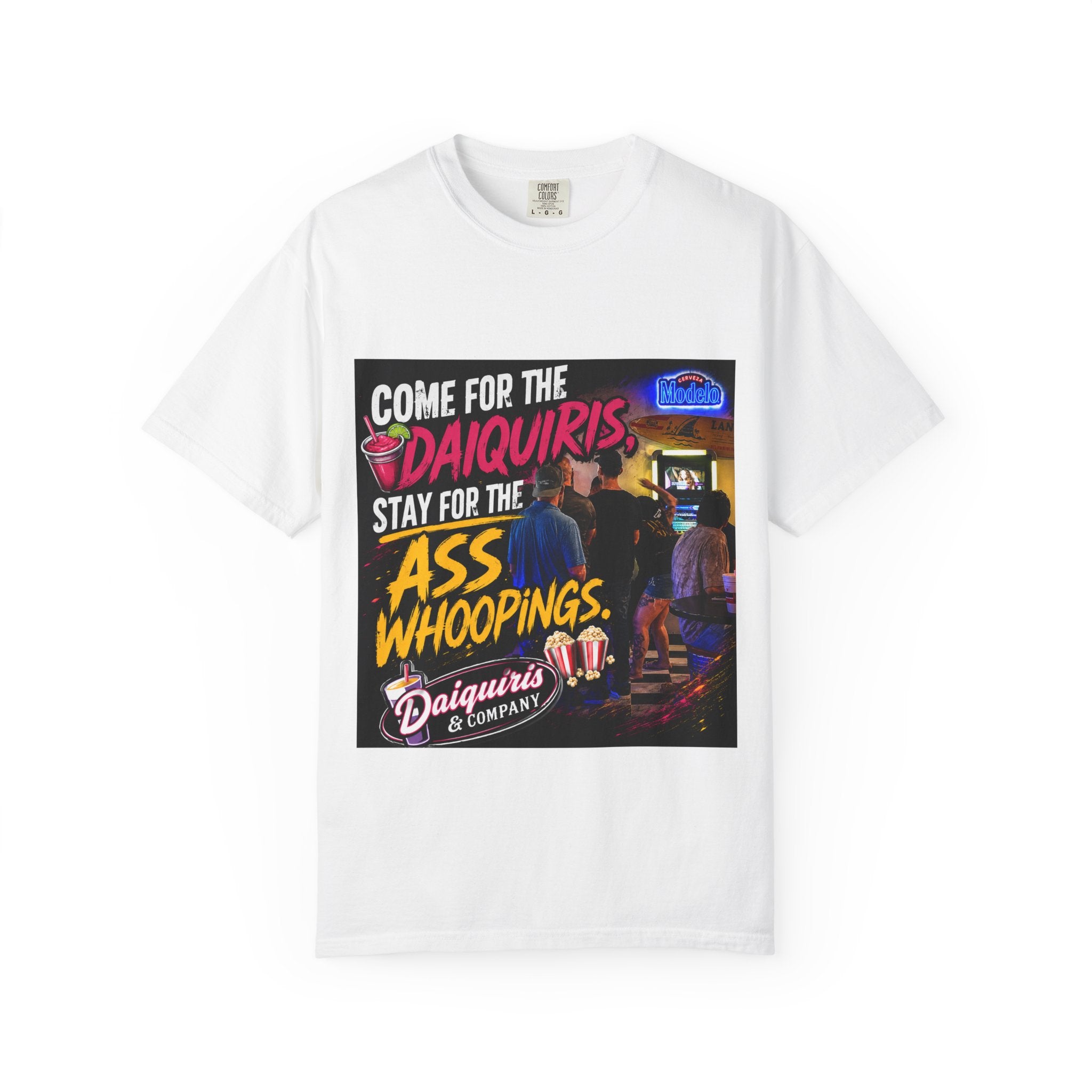 Graphic T-Shirt — "Come for the Daiquiris, Stay for the Ass Whoopings" Vintage Bar Design