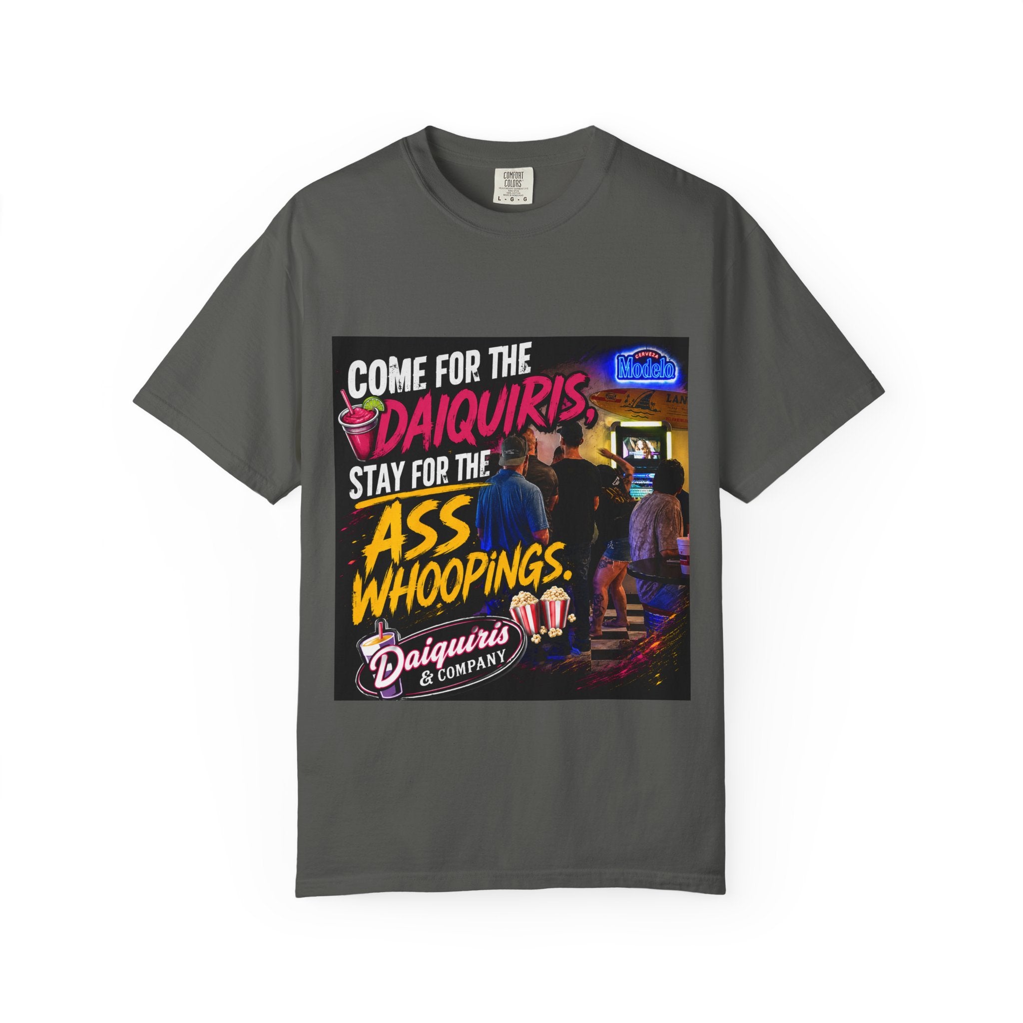 Graphic T-Shirt — "Come for the Daiquiris, Stay for the Ass Whoopings" Vintage Bar Design