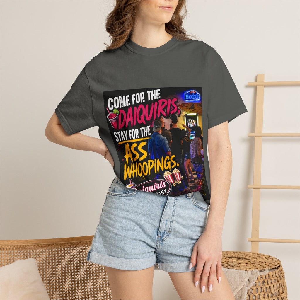 Graphic T-Shirt — "Come for the Daiquiris, Stay for the Ass Whoopings" Vintage Bar Design