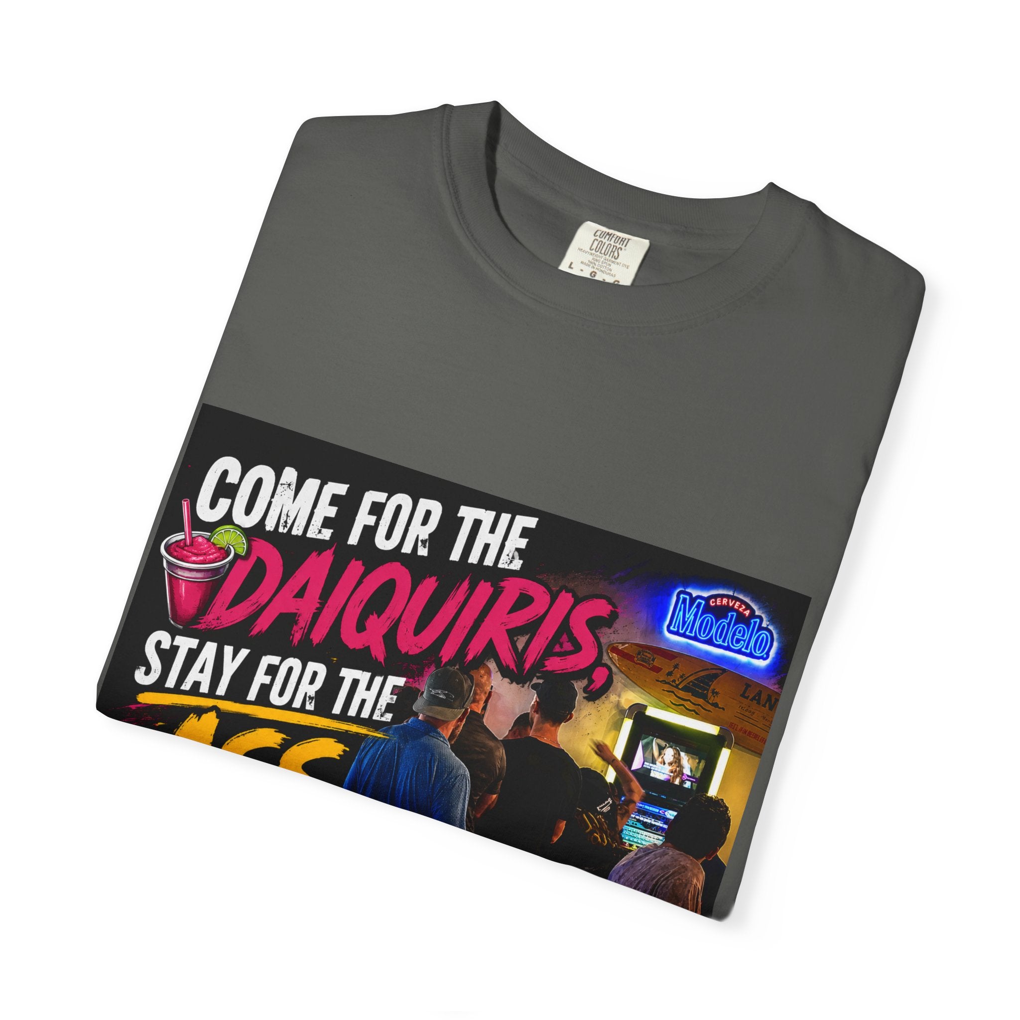 Graphic T-Shirt — "Come for the Daiquiris, Stay for the Ass Whoopings" Vintage Bar Design