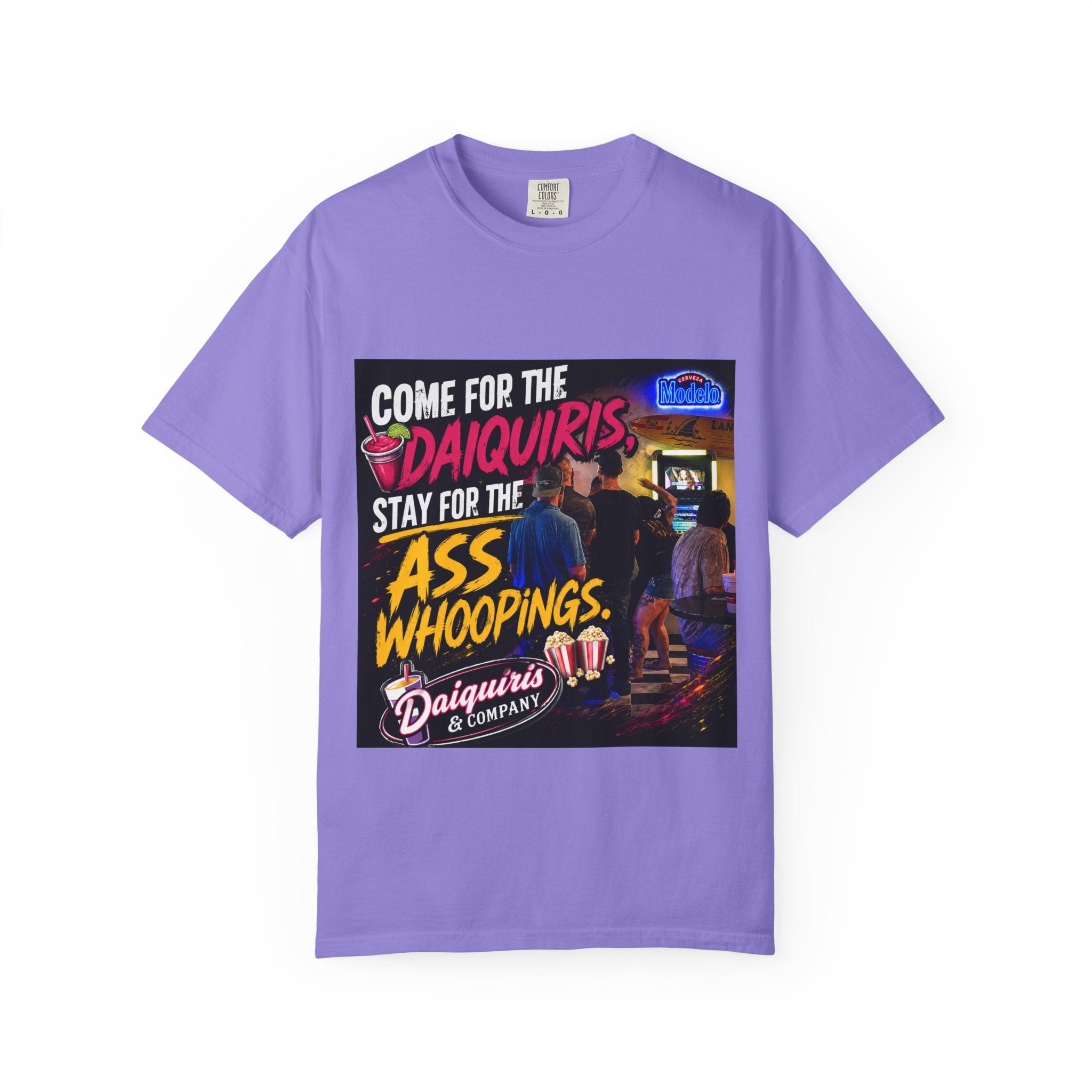 Graphic T-Shirt — "Come for the Daiquiris, Stay for the Ass Whoopings" Vintage Bar Design