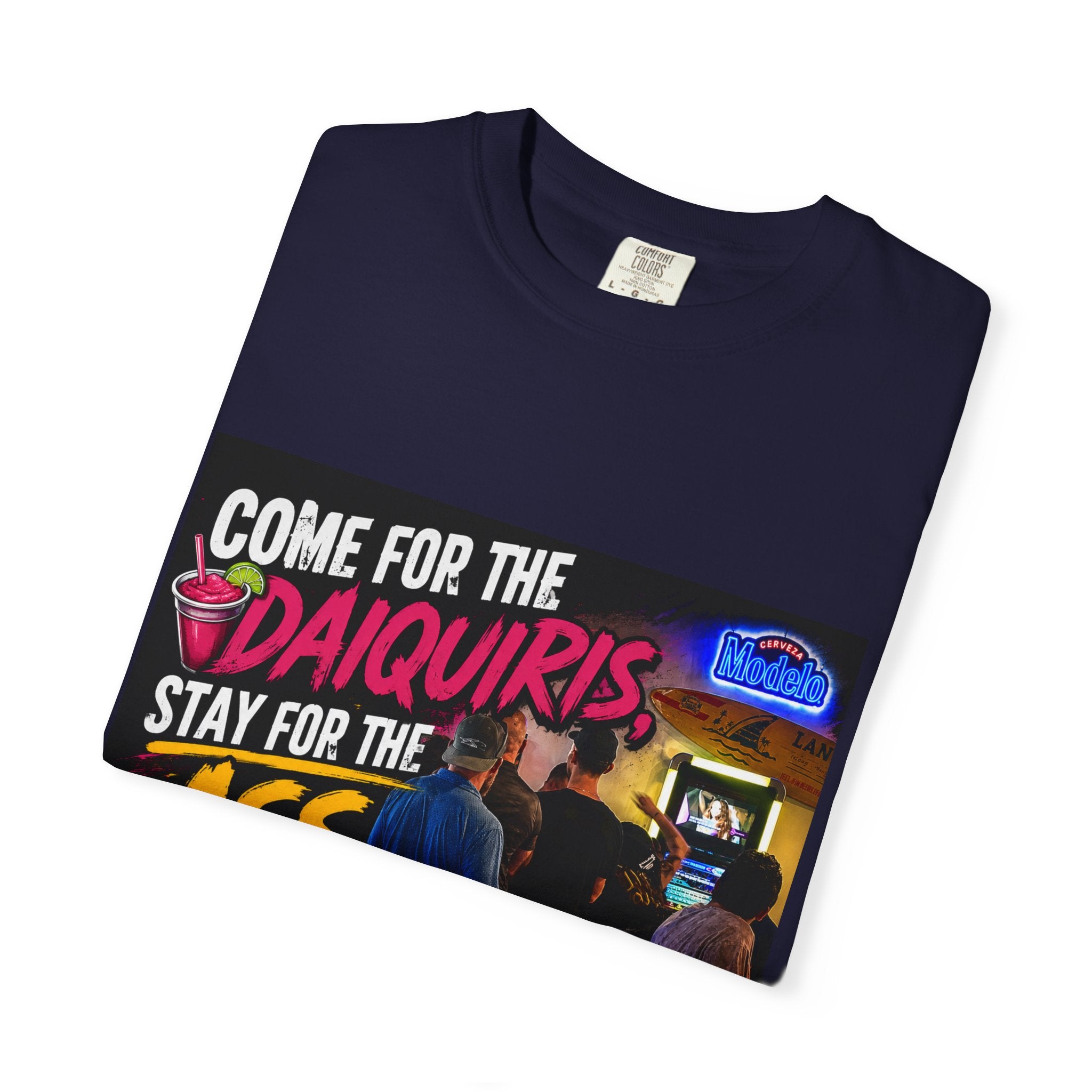 Graphic T-Shirt — "Come for the Daiquiris, Stay for the Ass Whoopings" Vintage Bar Design