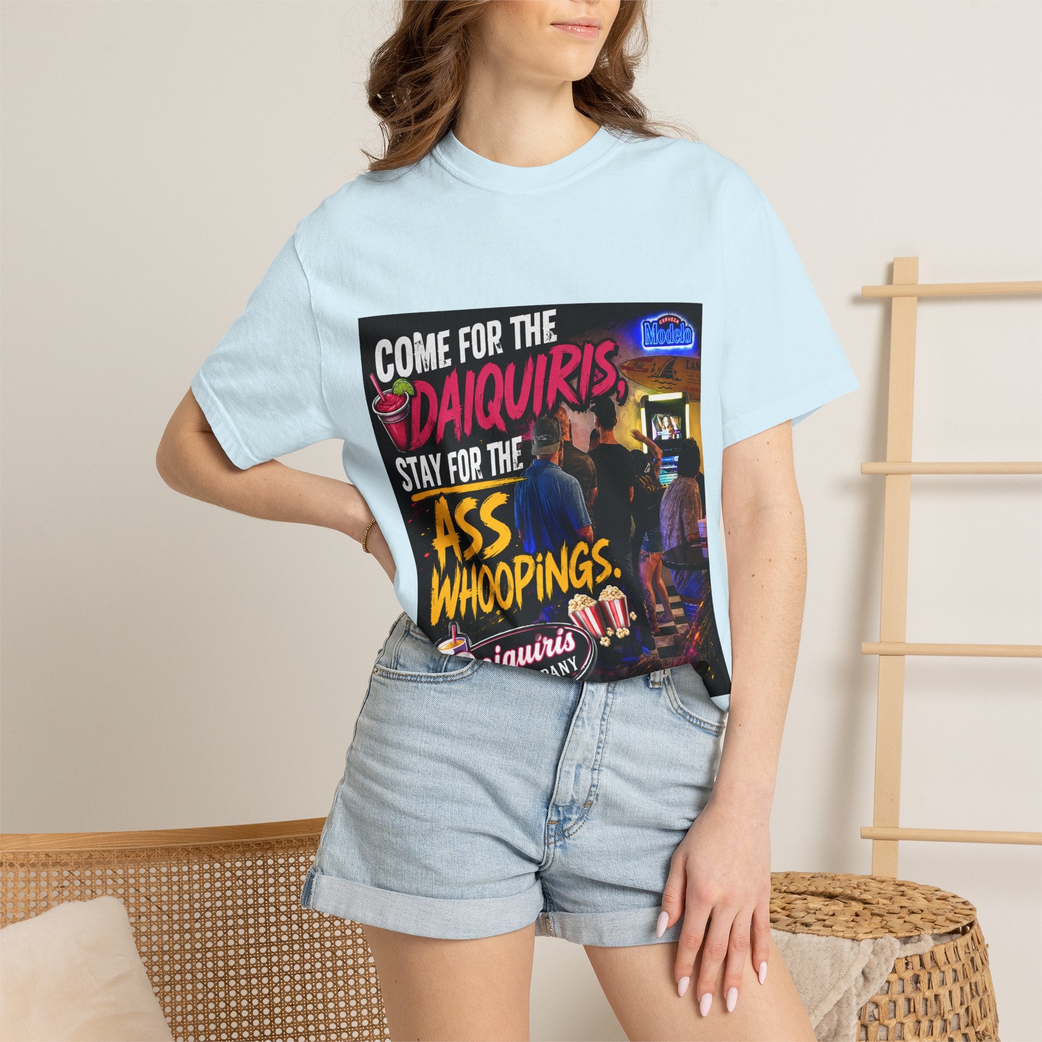 Graphic T-Shirt — "Come for the Daiquiris, Stay for the Ass Whoopings" Vintage Bar Design