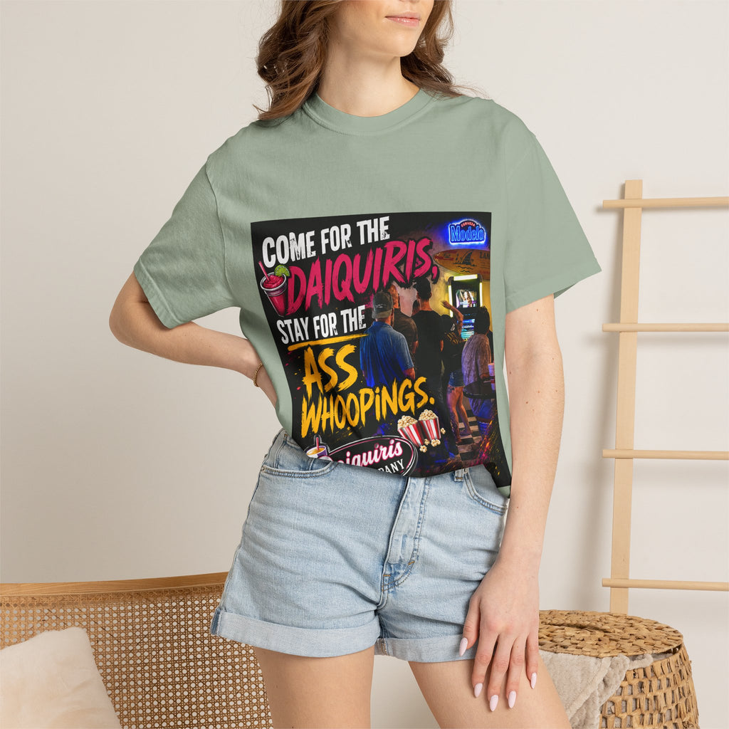 Graphic T-Shirt — "Come for the Daiquiris, Stay for the Ass Whoopings" Vintage Bar Design
