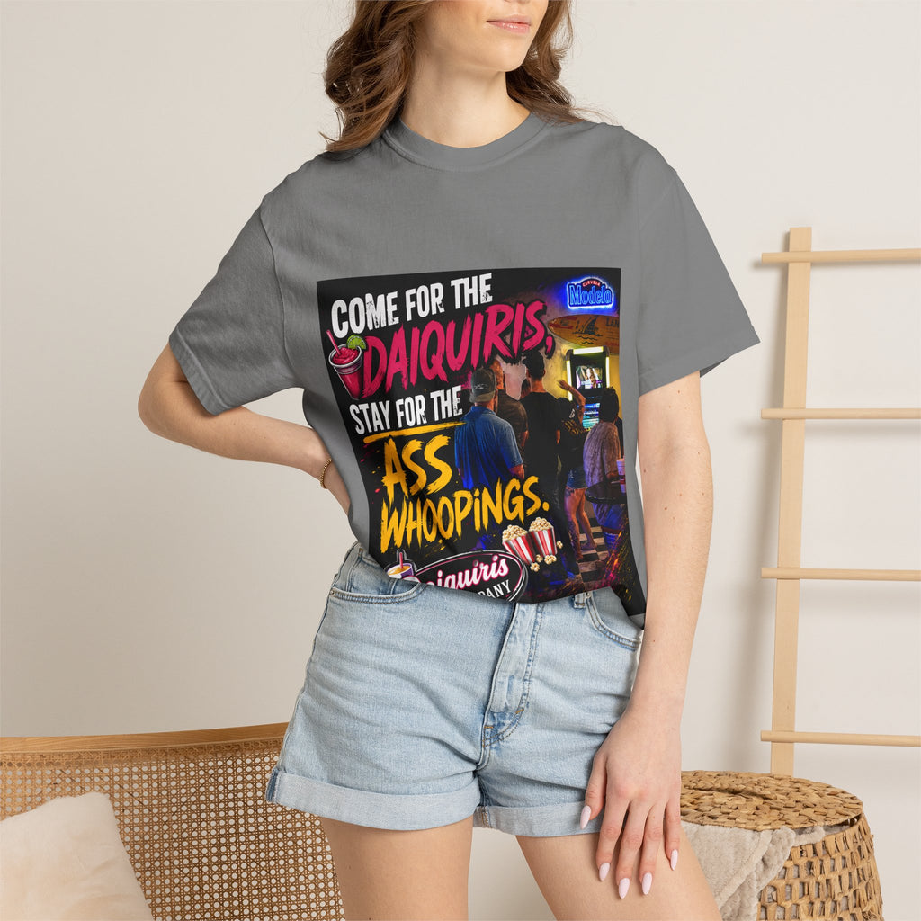 Graphic T-Shirt — "Come for the Daiquiris, Stay for the Ass Whoopings" Vintage Bar Design