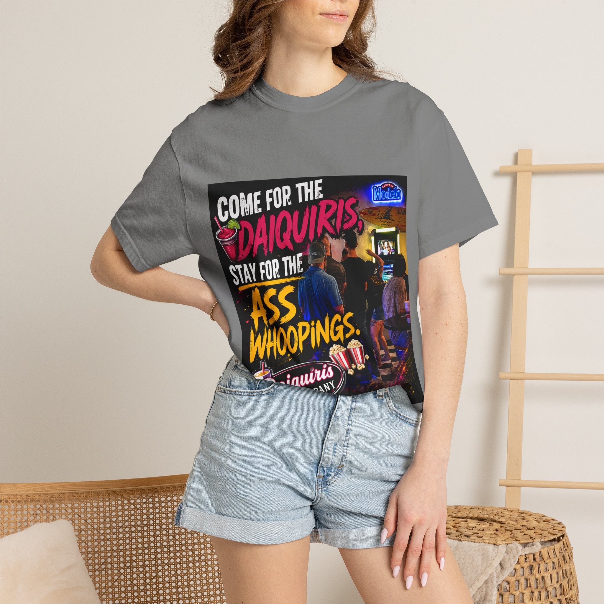 Graphic T-Shirt — "Come for the Daiquiris, Stay for the Ass Whoopings" Vintage Bar Design