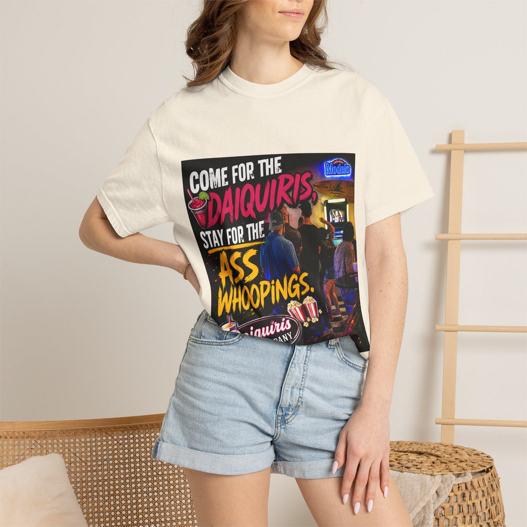 Graphic T-Shirt — "Come for the Daiquiris, Stay for the Ass Whoopings" Vintage Bar Design