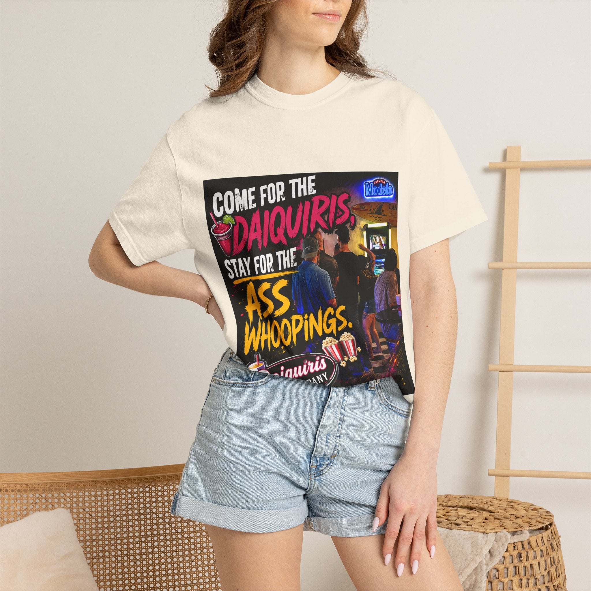 Graphic T-Shirt — "Come for the Daiquiris, Stay for the Ass Whoopings" Vintage Bar Design